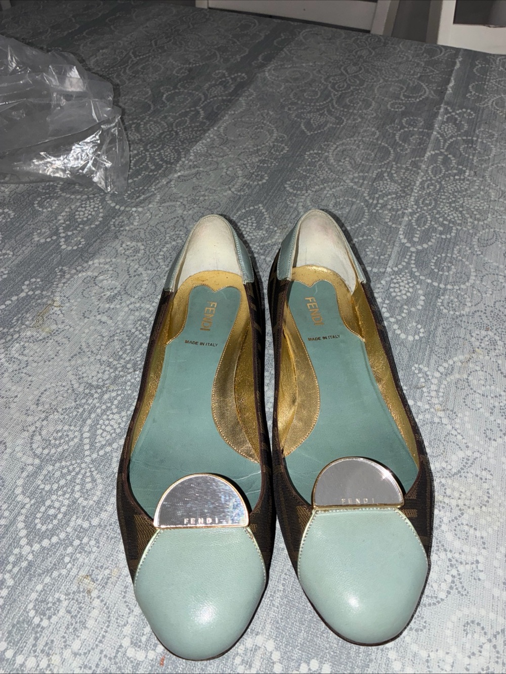 Fendi Mint Green and Brown Logo-Trim Ballet Flats